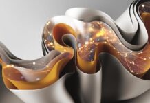 site-industries-cosmetiques 这是一幅抽象的图片，以白色、灰色和金色为主色调，显示出折叠和起伏的图层，相互连接的光点和线条暗示着网络或数字连接--让人联想到图层中汽车概念草案的动态流动。