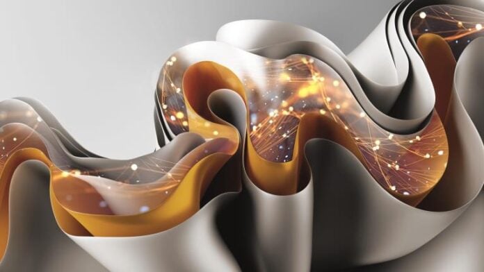 site-industries-cosmetiques Uma imagem abstrata que mostra camadas dobradas e onduladas em tons de branco, cinzento e dourado, com pontos de luz e linhas interligados que sugerem uma rede ou ligações digitais - evocando o fluxo dinâmico de um projeto de conceito automóvel dentro das camadas.