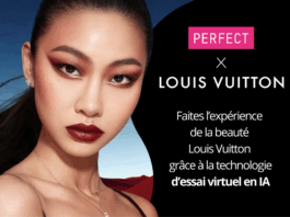 site-industries-cosmetiques Uma mulher com maquilhagem arrojada posa em frente a um fundo estilizado de deserto. O texto diz: "PERFECT x Louis Vuitton. Experimente a beleza Louis Vuitton com a tecnologia de teste virtual AI.