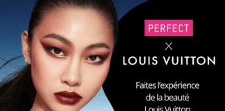 site-industries-cosmetiques 一位浓妆艳抹的女士在风格化的沙漠背景前摆出姿势。文字内容为"PERFECT x 路易威登。通过人工智能虚拟试用技术体验路易威登之美。.