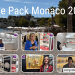 site-industries-cosmetiques Un collage promotionnel pour Luxe Pack Monaco 2025 montre une scène au bord de l'eau avec des parasols blancs et des palmiers en haut. En dessous, six images montrent des personnes devant des stands d'exposition et des présentoirs, dont certains portent les mentions "Hello" et "recyclability".