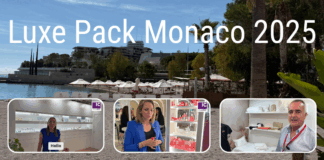site-industries-cosmetiques Uma colagem promocional da Luxe Pack Mónaco 2025 mostra uma cena à beira-mar com guarda-sóis brancos e palmeiras no topo. Em baixo, seis imagens mostram pessoas em frente a stands de exposição e expositores, alguns dos quais com as palavras "Hello" e "recyclability".