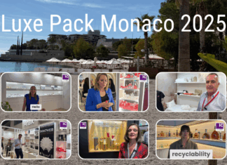 site-industries-cosmetiques A promotional collage for Luxe Pack Monaco 2025 shows a waterfront scene with white parasols and palm trees above. Below, six images show people in front of exhibition stands and displays, some of which bear the words "Hello" and "recyclability".