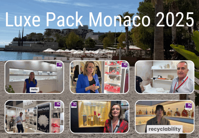 site-industries-cosmetiques A promotional collage for Luxe Pack Monaco 2025 shows a waterfront scene with white parasols and palm trees above. Below, six images show people in front of exhibition stands and displays, some of which bear the words 