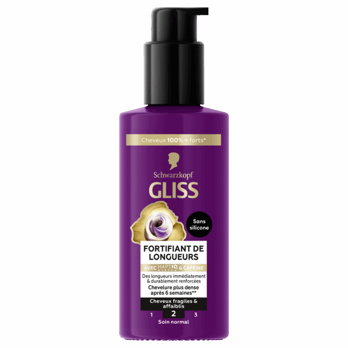 site-industries-cosmetiques Una botella morada de Schwarzkopf Full Hair Wonder Fortifiant de Longueurs con dosificador de bomba. La etiqueta dorada y blanca destaca su fórmula para cabellos frágiles, prometiendo un cabello más denso y largos más fuertes y sanos.