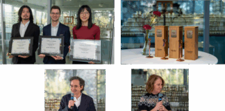site-industries-cosmetiques 四张照片：三个人手持证书，一张桌子上摆放着奖杯和花瓶，一个男人在讲台上讲话，一个女人在讲台上讲话。所有照片均在室内拍摄，背景明亮、现代。.