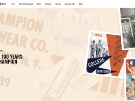 Champion 以复古为主题的网站横幅上印有褪色的 Champion 标志、"1939 "球衣和 "OVER 100 YEARS OF CHAMPION "字样，旁边还有一个以运动员为主角的 1952 年运动服装复古广告，暗指露华浓的运动香水时代。.