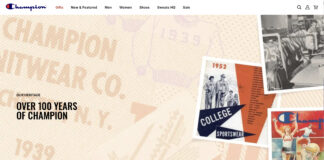 Champion 以复古为主题的网站横幅上印有褪色的 Champion 标志、"1939 "球衣和 "OVER 100 YEARS OF CHAMPION "字样，旁边还有一个以运动员为主角的 1952 年运动服装复古广告，暗指露华浓的运动香水时代。.