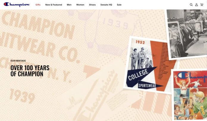 site-industries-cosmetiques La bannière du site Web de Champion, sur le thème du vintage, affiche des logos Champion délavés, un maillot 