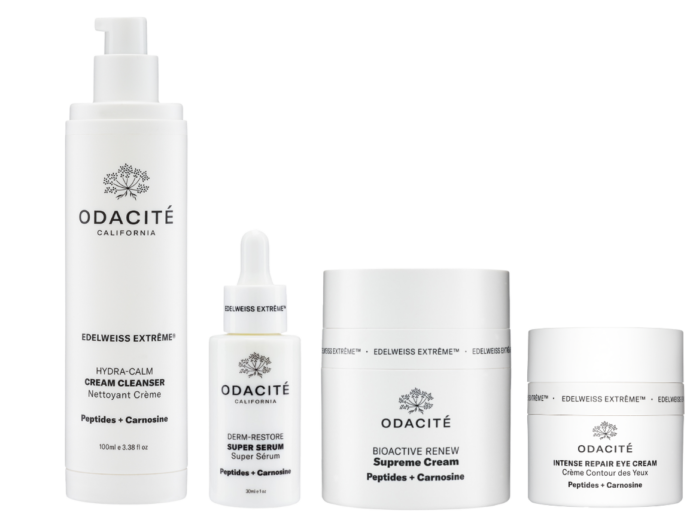 site-industries-cosmetiques 展示了四款 Odacité Edelweiss Extreme 护肤产品：泵式瓶装洁面霜、滴管瓶装超级精华素、罐装至尊霜和小罐装眼霜，均以白色为背景。.