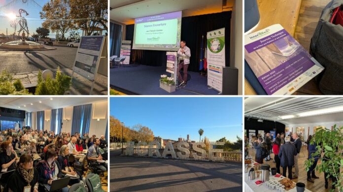 site-industries-cosmetiques A collage of six photos shows scenes from an event, including participants in a conference room, speakers on stage, promotional material, networking sessions and exterior views of a venue with the word 