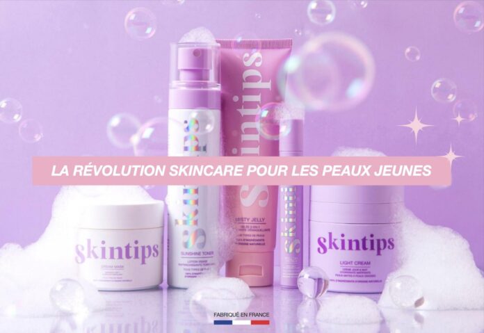 site-industries-cosmetiques Cinq produits de soin skintips sont présentés sur une surface violette avec des bulles. Le fond est lavande et le texte en français dit : 