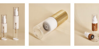 site-industries-cosmetiques Trois images montrent des flacons à pompe pour cosmétiques. La première montre trois flacons transparents étiquetés "BARALAN" de différentes tailles. La deuxième montre un seul flacon avec un bouchon doré couché. La troisième montre deux flacons contenant un liquide brun.