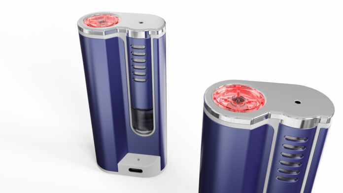 site-industries-cosmetiques Deux appareils électroniques bleus et argentés sont présentés debout sur une surface blanche. Chaque appareil comporte une section transparente, un port de charge USB-C à la base et un composant circulaire éclairé en rouge sur le dessus.