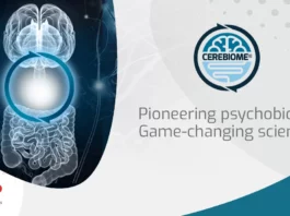 site-industries-cosmetiques Illustration médicale montrant un cerveau humain et un système digestif avec une zone surlignée en bleu, le logo CEREBIOME et le texte "Pioneering psychobiotic. Une science qui change la donne". Le logo de Lallemand Health Solutions se trouve en bas à gauche.