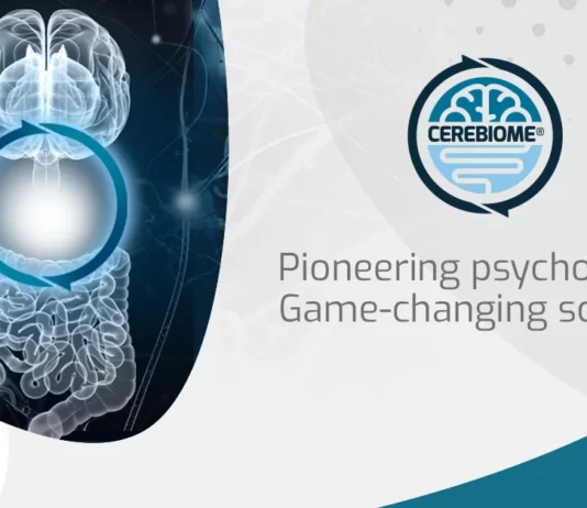 site-industries-cosmetiques Illustration médicale montrant un cerveau humain et un système digestif avec une zone surlignée en bleu, le logo CEREBIOME et le texte "Pioneering psychobiotic. Une science qui change la donne". Le logo de Lallemand Health Solutions se trouve en bas à gauche.
