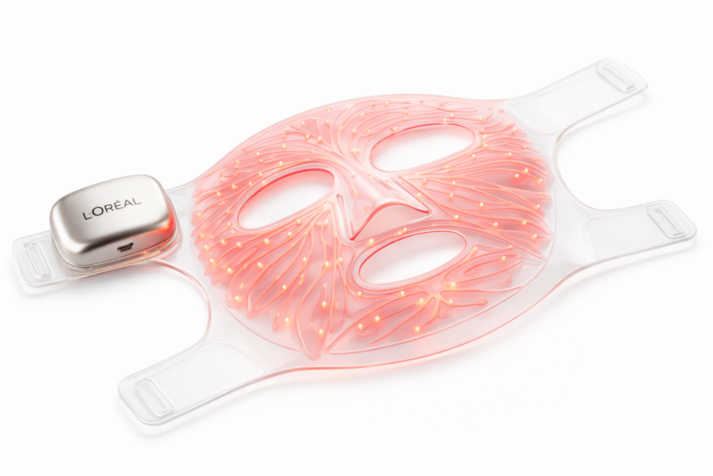 site-industries-cosmetiques Uma máscara LED transparente da L'Oréal com luzes vermelhas incandescentes, com recortes para os olhos, nariz e boca, bem como tiras ajustáveis. Apresentado no CES 2026, este dispositivo incorpora novas tecnologias com a sua elegante unidade de controlo em metal.