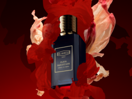 site-industries-cosmetiques 一个深蓝色香水瓶，标有 "Ex Nihilo Paris Fleur Narcotique "字样，金色瓶盖，周围是半透明的红色和粉红色图形，暗红色背景。.