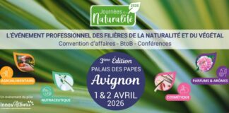 site-industries-cosmetiques Banner de las "Journées Naturalité 2026", un evento comercial para las industrias naturales y a base de plantas que se celebrará en Aviñón los días 1 y 2 de abril de 2026, con reuniones y conferencias B2B para las industrias de alimentación, nutracéuticos, cosméticos y fragancias.