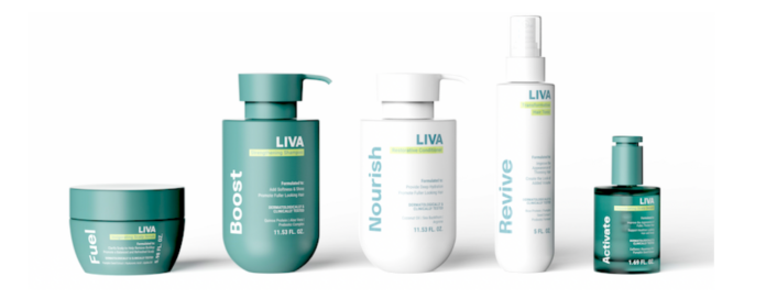 site-industries-cosmetiques Cinq produits de soins capillaires LIVA sont disposés en rangée : un pot vert étiqueté 