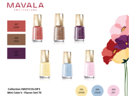 site-industries-cosmetiques 六瓶不同颜色的 MAVALA 指甲油分两排摆放，并标有编号和颜色名称。右侧是一幅花卉插图。底部的文字介绍了该系列的详细信息和价格。.