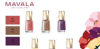 site-industries-cosmetiques Six bottles of MAVALA nail polish in different colors are displayed in two rows with their number and color name. A floral illustration is on the right. The text at the bottom gives collection details and prices.