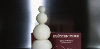 site-industries-cosmetiques 金属底座上的一个香水瓶前有一个堆叠的球体，上面刻有 "EGOCENTRIQUE zest me up!"字样。.