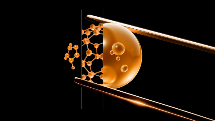 site-industries-cosmetiques 数字插图显示了一个金色球体，内部有更小的气泡，由金属棒固定在一起，旁边是一个分子结构--象征着人工智能--所有这些都在黑色背景上。.