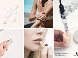 site-industries-cosmetiques Un collage montre des textures de produits de soins de la peau, une femme appliquant une lotion sur son bras, un équipement de laboratoire remplissant un récipient, une main tenant un bâton cosmétique et une femme appliquant un baume à lèvres. Le texte se lit comme suit : "Fabrication de cosmétiques à façon - COSMEWAX.