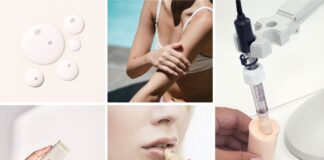 site-industries-cosmetiques 这是一幅拼贴画，展示了护肤品的质地、一名妇女在手臂上涂抹乳液、实验室设备正在填充容器、一只手拿着化妆品棒、一名妇女正在涂抹润唇膏。文字内容如下"承包化妆品生产 - COSMEWAX。.