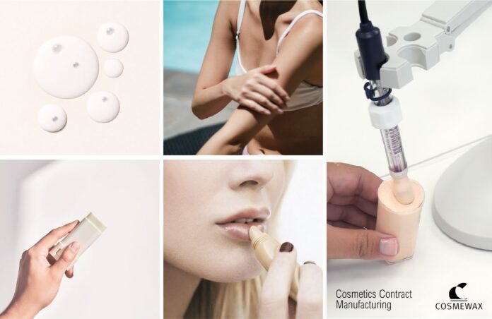 site-industries-cosmetiques Uma colagem mostra texturas de produtos de cuidados da pele, uma mulher a aplicar loção no braço, equipamento de laboratório a encher um recipiente, uma mão a segurar um stick de cosmético e uma mulher a aplicar bálsamo labial. O texto é o seguinte: 