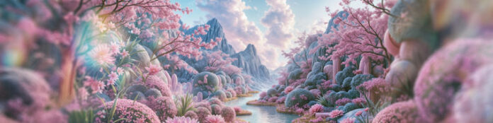 site-industries-cosmetiques Paisagem serena representando um rio que corre através de um vale com árvores cor-de-rosa em flor e vegetação luxuriante; ao fundo, montanhas e um céu parcialmente nublado.