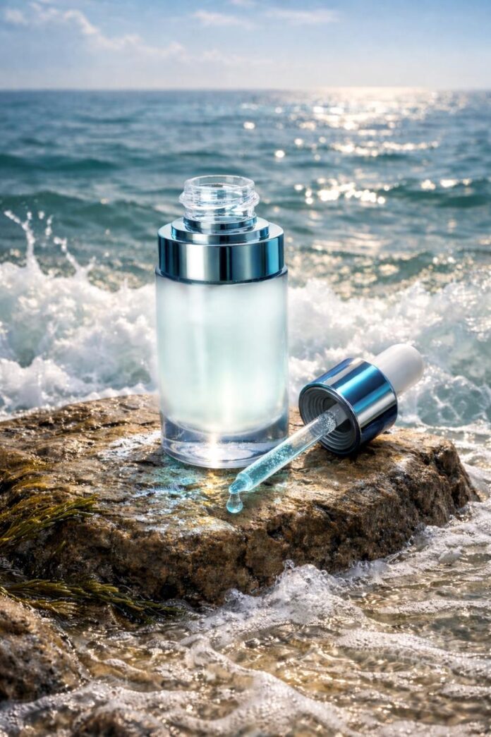 site-industries-cosmetiques Un flacon de sérum en verre transparent avec un bouchon et un compte-gouttes en argent est posé sur un rocher au bord de l'océan, avec les vagues qui clapotent et la lumière du soleil qui se reflète sur l'eau en arrière-plan.