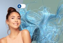 site-industries-cosmetiques Une femme aux cheveux noirs coiffés en chignon sourit à l'appareil photo. Derrière elle, des lignes numériques bleues fluides avec de petits nœuds créent un arrière-plan abstrait. Une icône "plus" bleue et blanche plane au-dessus de sa tête.