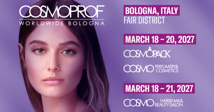 site-industries-cosmetiques Imagen promocional de Cosmoprof Worldwide Bolonia 2027. Se indican las fechas y las categorías del evento, con un primer plano del rostro de una mujer al fondo. El evento tendrá lugar en Bolonia (Italia) del 18 al 21 de marzo de 2027.