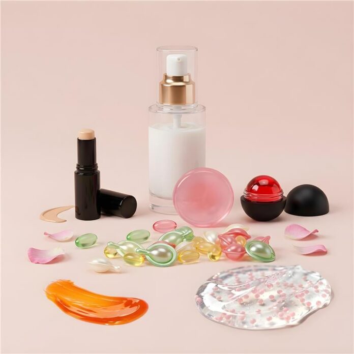 site-industries-cosmetiques 在淡粉色的表面上，摆放着一系列护肤和化妆产品，包括泵形瓶、遮瑕棒、胶囊、润唇膏、散落的花瓣以及面霜和啫喱样品。.