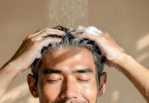 site-industries-cosmetiques Un homme aux cheveux courts et bruns se tient sous la douche, les yeux fermés et le sourire aux lèvres, tout en se lavant les cheveux avec du shampoing. De l'eau et de la mousse de savon sont visibles sur sa tête et ses mains.