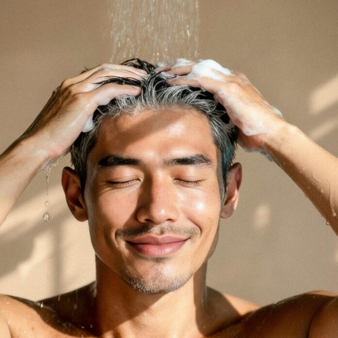 site-industries-cosmetiques 一名棕色短发男子站在淋浴间，闭着眼睛，脸上带着微笑，正在用洗发水洗头。在他的头上和手上，可以看到水和肥皂沫。.