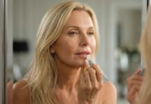 site-industries-cosmetiques Une femme aux longs cheveux blonds applique du rouge à lèvres tout en se regardant dans un miroir. Elle se trouve à l'intérieur et l'arrière-plan est légèrement flou.