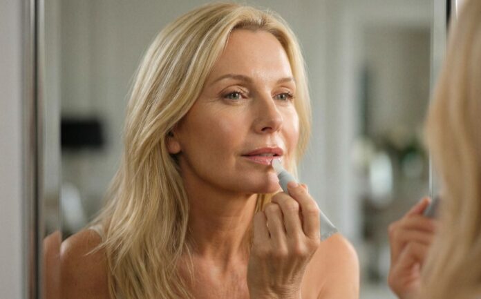 site-industries-cosmetiques Une femme aux longs cheveux blonds applique du rouge à lèvres tout en se regardant dans un miroir. Elle se trouve à l'intérieur et l'arrière-plan est légèrement flou.