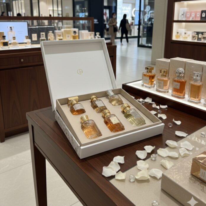 site-industries-cosmetiques 在一家商店的木桌上展示一个打开的盒子中的豪华香水瓶，周围散落着白色花瓣和玻璃珠。背景中可以看到装有其他香水瓶的货架。.