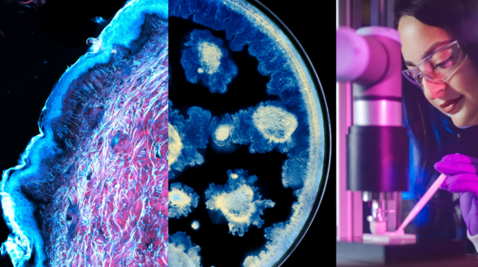 site-industries-cosmetiques Imagem composta que mostra um tecido em grande plano sob um microscópio, colónias de bactérias numa placa de Petri e um cientista com óculos de proteção e a utilizar uma pipeta num laboratório.