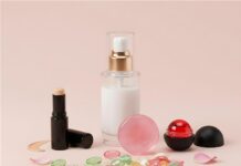 site-industries-cosmetiques Un groupe de produits de soins et de cosmétiques, dont un flacon pompe à lotion, un fond de teint en stick, un baume à lèvres, des capsules colorées, des pétales de fleurs, et des boules de gel et de crème, disposés sur un fond rose pâle.