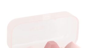 site-industries-cosmetiques 半透明粉色塑料盒，内装三块不同形状和色调的粉色化妆海绵，打开盒盖可看到盒内物品。.