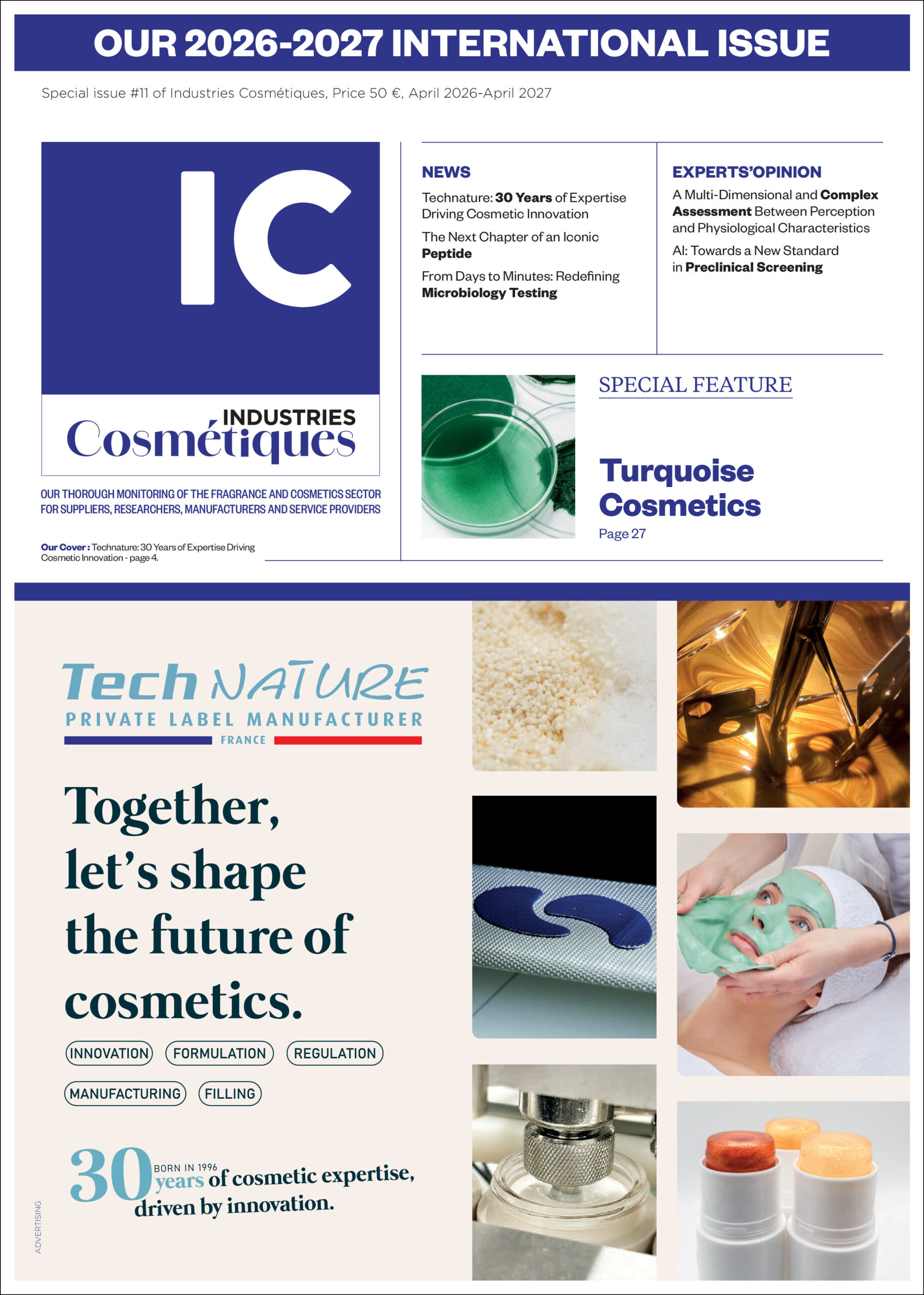site-industries-cosmetiques Portada de la revista "technature industries international" con una mujer sonriente de pelo rizado que sostiene una flor rosa. La página incluye titulares sobre productos naturales y fabricación de adornos para el hogar.