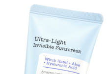Ultra-Light Invisible Sunscreen SPF50 transparent and moisturizing protection site-industries-cosmetiques A light blue and white tube labeled "Ultra-Light Invisible Sunscreen" with SPF 50 by COSRX, with ingredients such as witch hazel, aloe and hyaluronic acid. Tube contains 50 ml (1.69 fl. oz.).