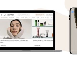 site-industries-cosmetics Um computador portátil apresenta um sítio Web de cuidados da pele com imagens de produtos e uma mulher a tocar no seu rosto. Ao lado, um smartphone mostra um grande plano do rosto de uma mulher com linhas de mapeamento facial digital sobrepostas.