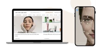 site-industries-cosmetics 一台笔记本电脑上显示着一个护肤品网站，上面有产品图片和一位正在抚摸自己脸部的女士。旁边，一部智能手机显示了一位女士的面部特写，并叠加了数字面部测绘线。.