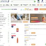 site-industries-cosmetiques Newpharma 网站截图，显示 "防晒 "搜索结果，左侧为婴儿必需品、产品筛选器以及雅漾和 SVR 防晒产品列表，并附有价格和折扣。.