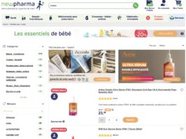 site-industries-cosmetiques Newpharma 网站截图，显示 "防晒 "搜索结果，左侧为婴儿必需品、产品筛选器以及雅漾和 SVR 防晒产品列表，并附有价格和折扣。.